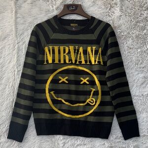 NIRVANA Black and Olive Striped Crewneck Sweater